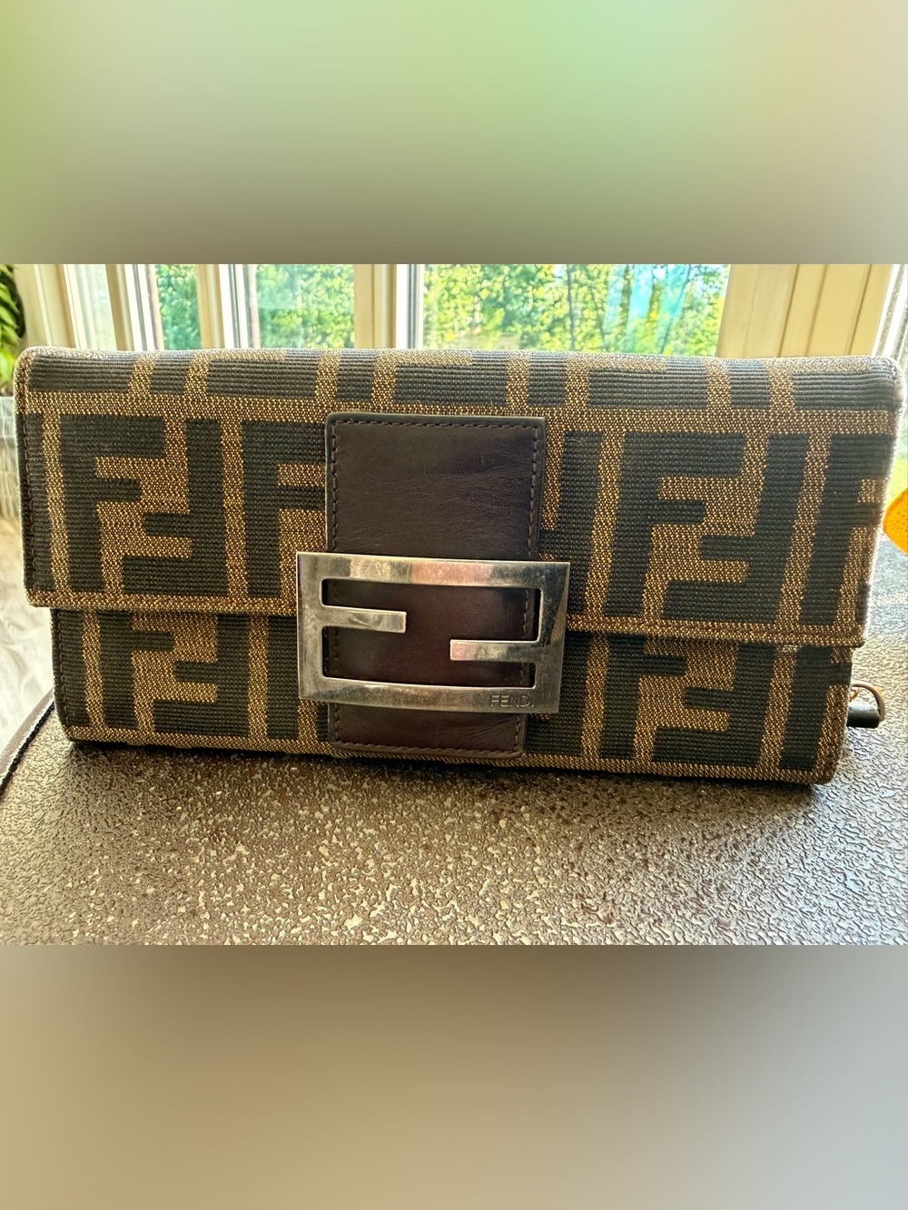 Fendi Zucca Brown Monogram Canvas Wallet Clutch with Silver Buckle